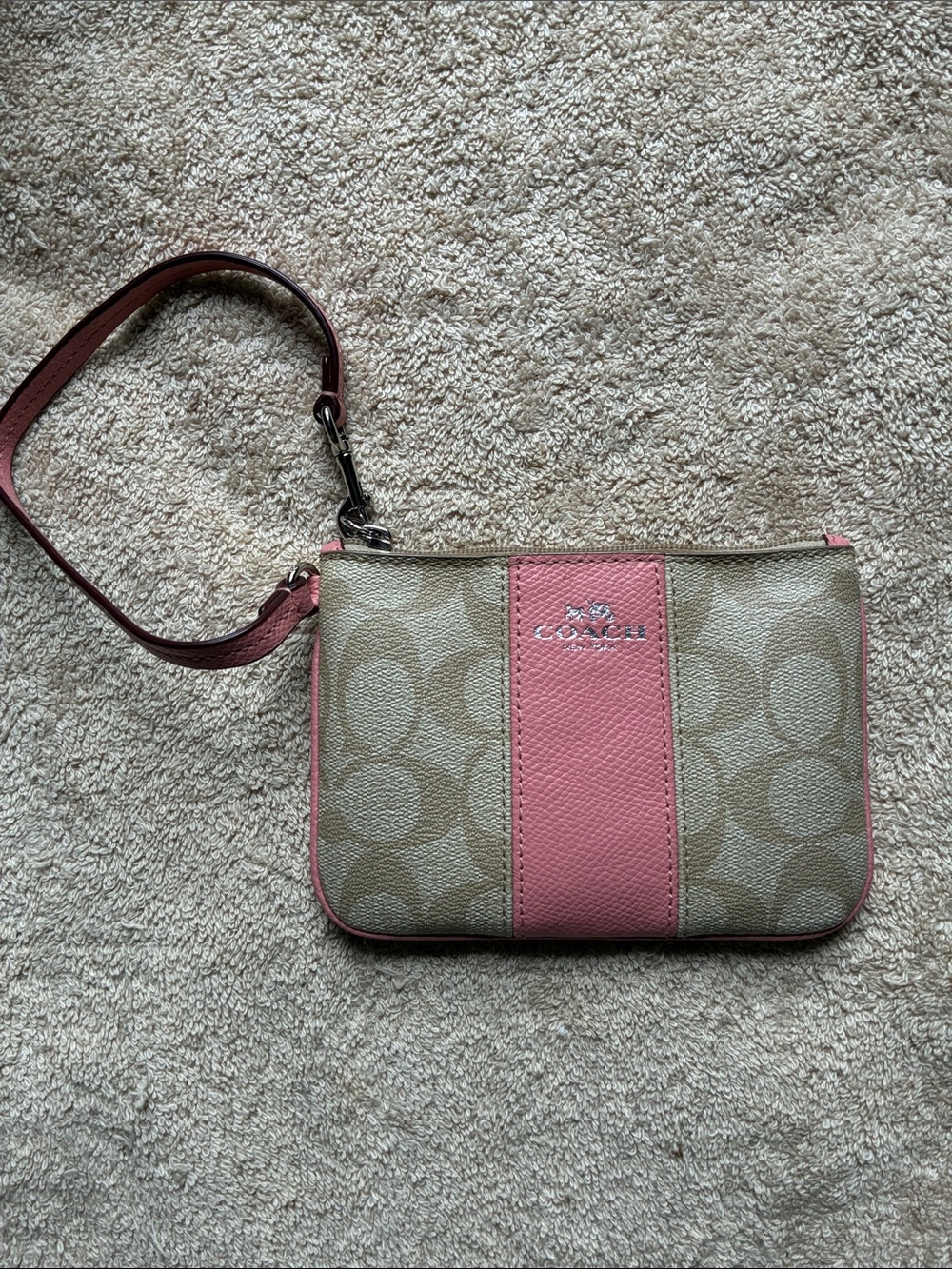 Coach Beige Signature Canvas Wristlet with Pink Stripe